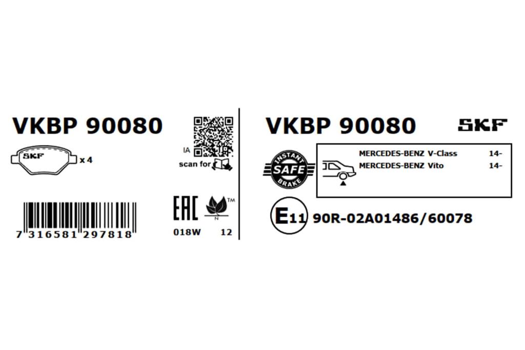 Jeu de 4 plaquettes de frein SKF ref. VKBP 90080